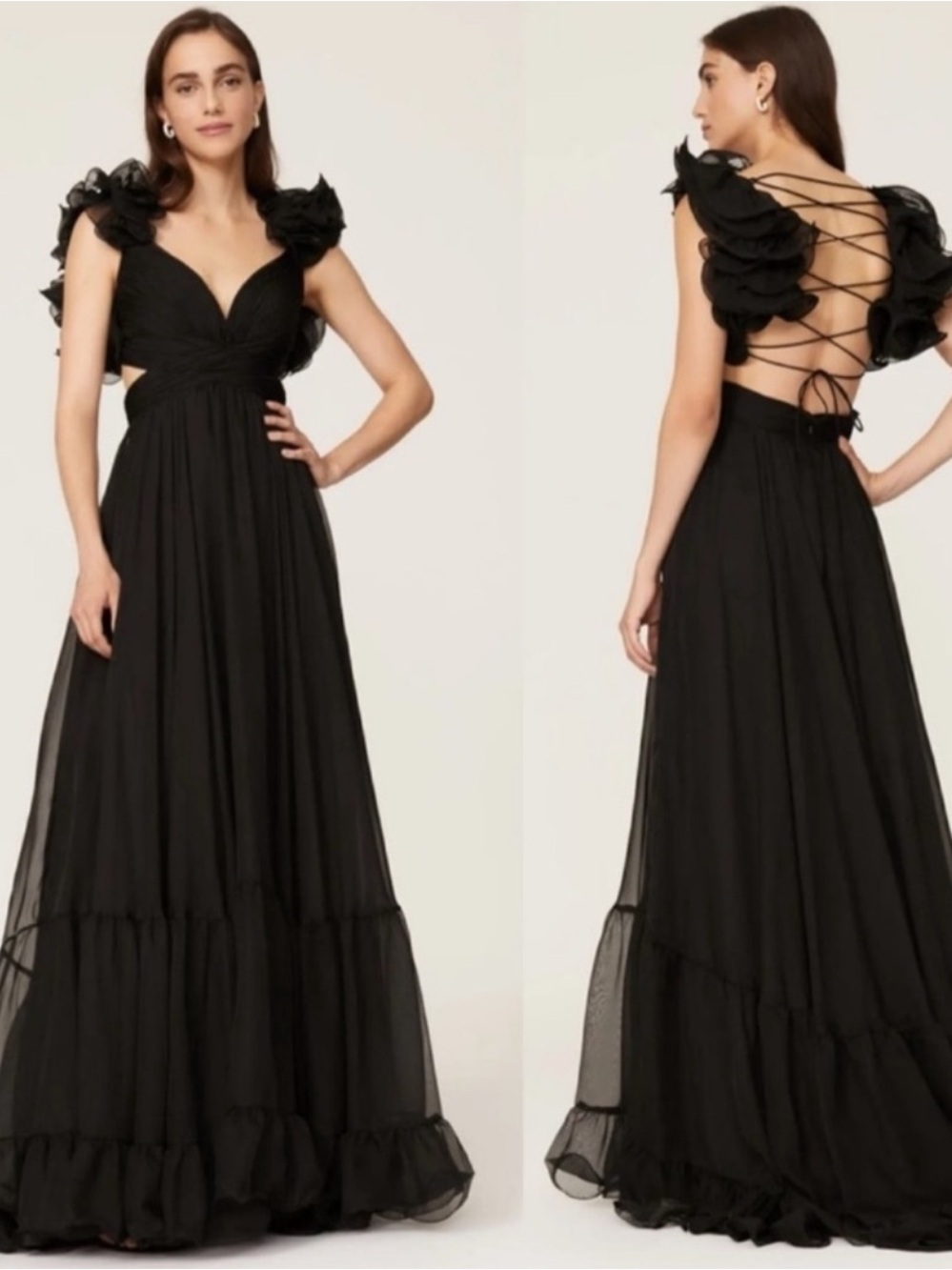 Mac Duggal Ruffled Cutout Gown Maxi Dress in Black Size 8 - Picture 3 of 14